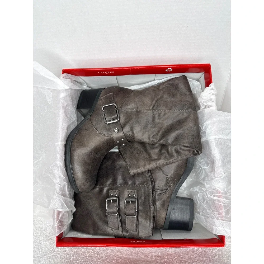 Carlos Santana Cara Knee High Boots Womens 6.5 Brown Fabric Buckle Stud Slouchy